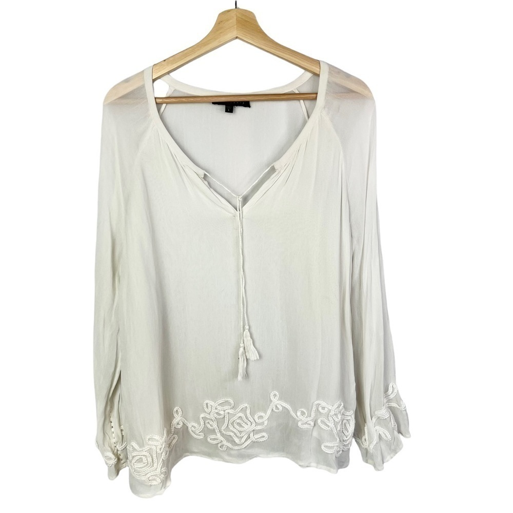 Sanctuary Off White Embroidered Hem Sheer Long Sleeve L